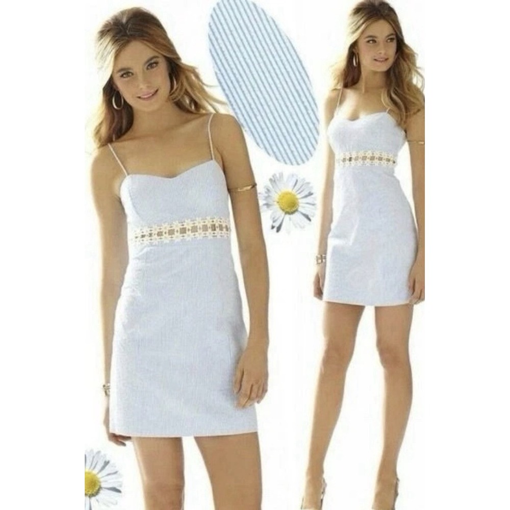 Lilly Pulitzer Sheena Ariel Blue Seersucker Stripe Cut Out Daisy Lace Dress 2